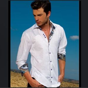 Bertigo White and Navy Anchor Button Down Shirt